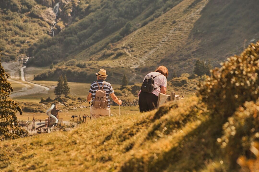 Diverse group of active seniors laughing together outdoors in the Swiss mountains